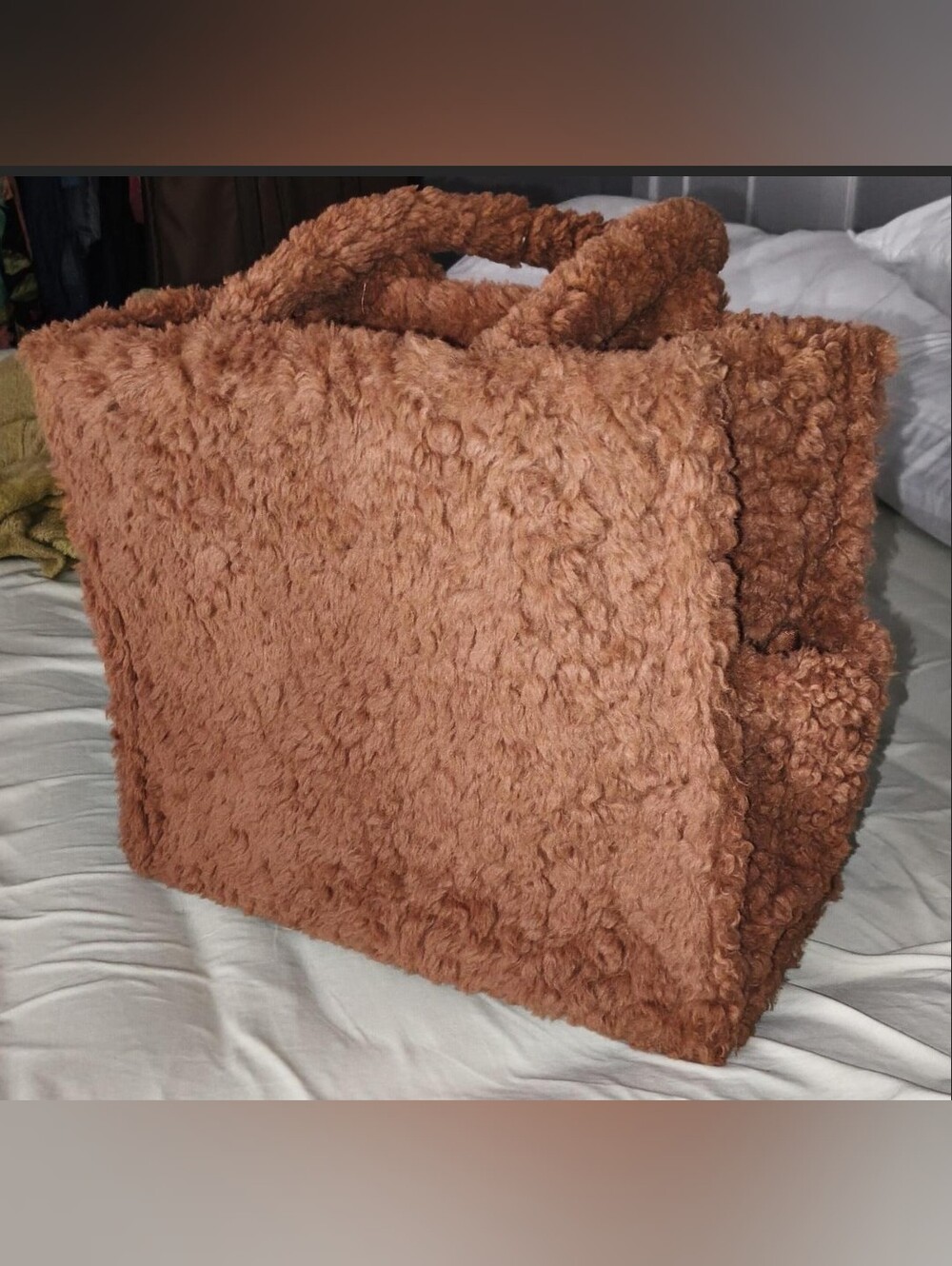 Faux Shearling Tote Bag in Rust Brown - Chic Everyday Carryall